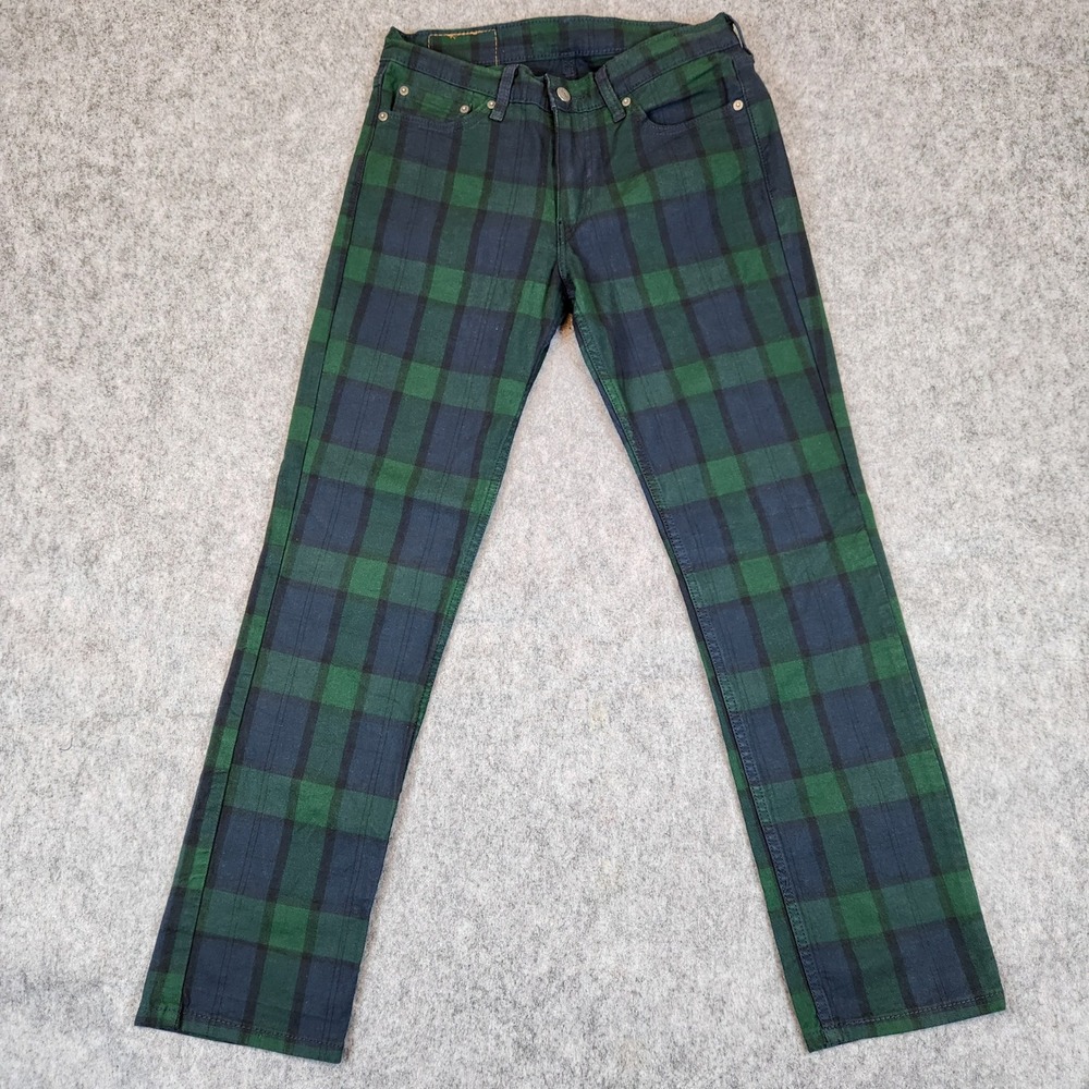 Levi 511 Slim Fit Pants Men 30x30 Green Black Watch Plaid Tartan Check Trousers - Picture 2 of 12